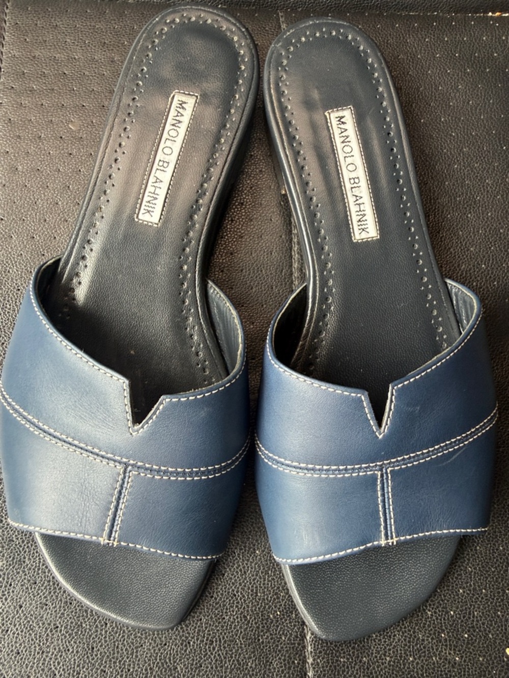 Manolo Blahnik Navy Leather Slide Mules with White Stitching